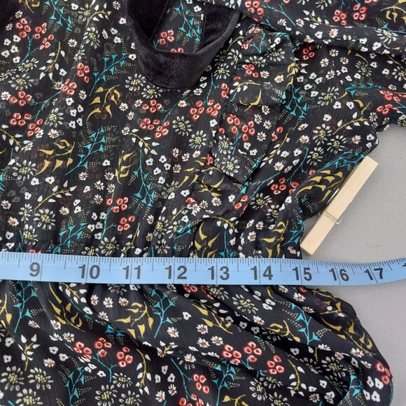 Zara Sheer Floral Mini Dress L Romantic Velvet Trim Goth Cottagecore Tie Neck - Picture 15 of 16